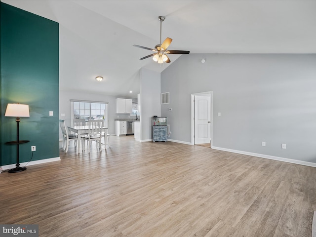 unfurnished living room featuring ceiling fan, high vaulted ceiling, and light wood-type flooring