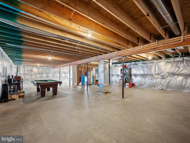 basement with heating unit and billiards