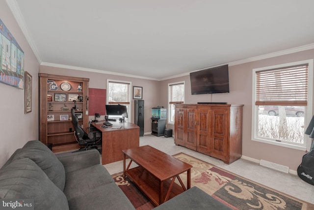 living room with a wealth of natural light, crown molding, and light colored carpet