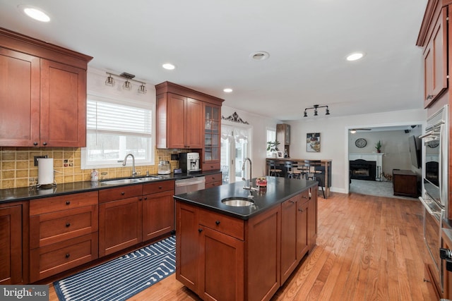 kitchen with sink, light hardwood / wood-style flooring, stainless steel appliances, and an island with sink