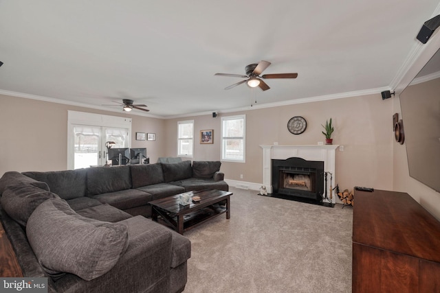 carpeted living room featuring ceiling fan and crown molding