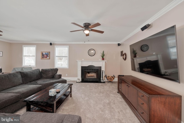 carpeted living room featuring ceiling fan and crown molding