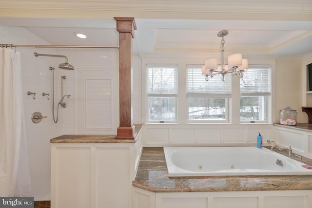 bathroom with a notable chandelier, ornamental molding, and independent shower and bath