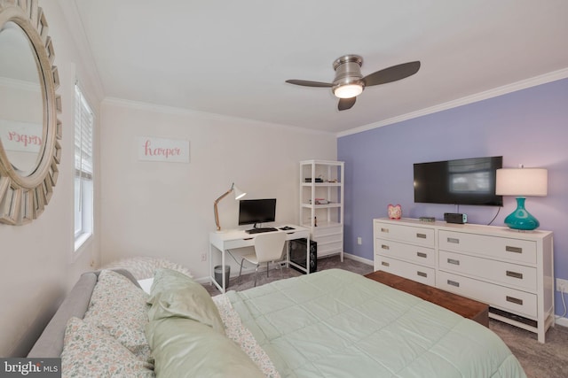 carpeted bedroom featuring ceiling fan and ornamental molding