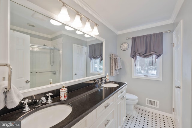 bathroom with toilet, ornamental molding, an enclosed shower, and vanity