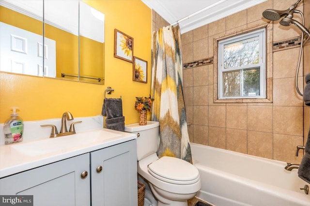 bathroom with shower / bath combo, crown molding, vanity, and toilet