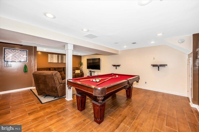 rec room featuring billiards, wood finished floors, visible vents, and baseboards