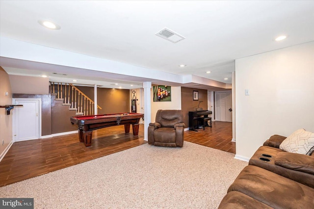 game room with billiards, visible vents, wood finished floors, carpet flooring, and recessed lighting