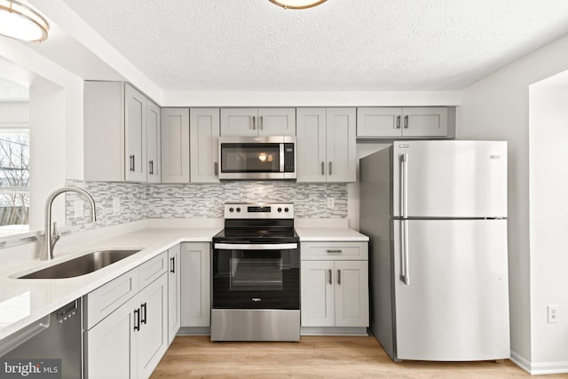 kitchen with gray cabinets, decorative backsplash, sink, and stainless steel appliances