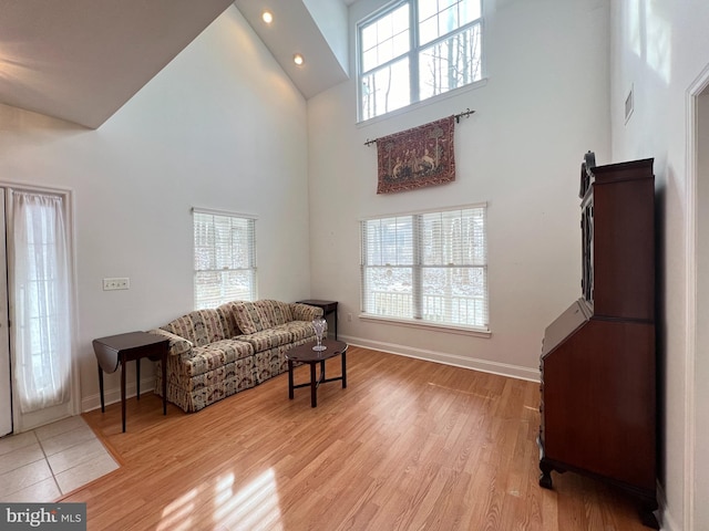 living room with light hardwood / wood-style flooring, a towering ceiling, and a healthy amount of sunlight