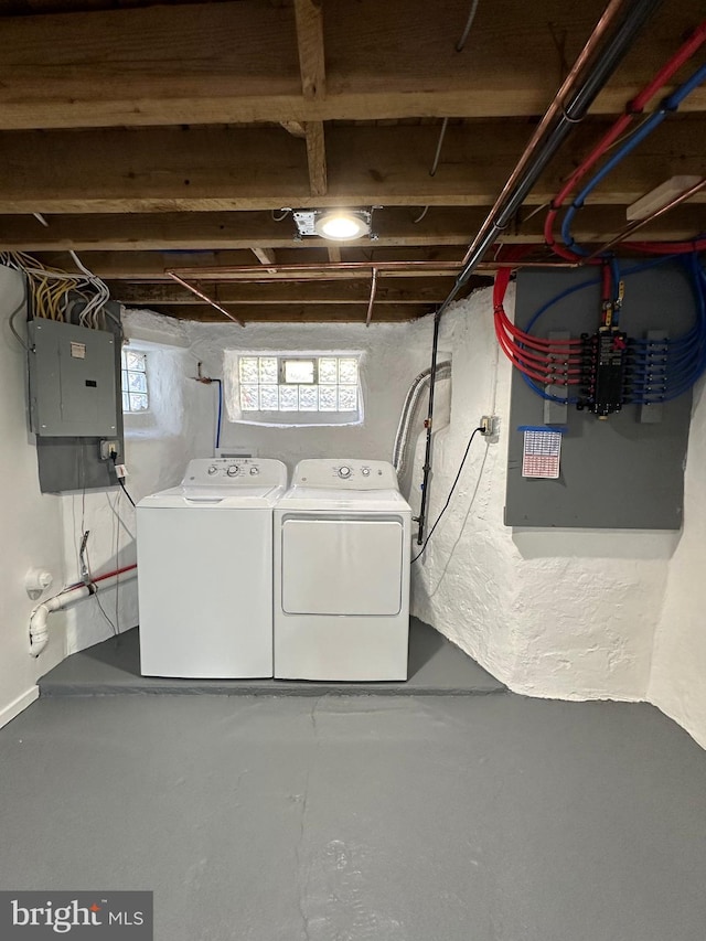 laundry area with electric panel and washing machine and clothes dryer