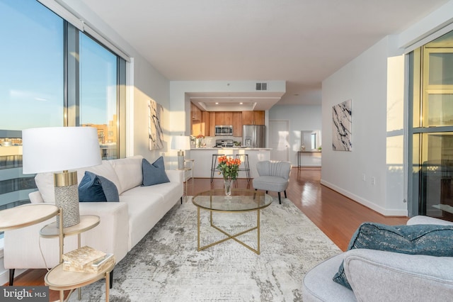 living room with light hardwood / wood-style floors and a wealth of natural light