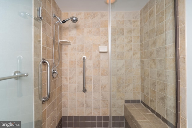 bathroom featuring a shower with door