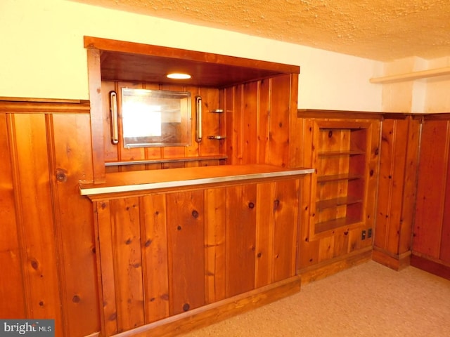 interior space with wooden walls, bar area, and a textured ceiling