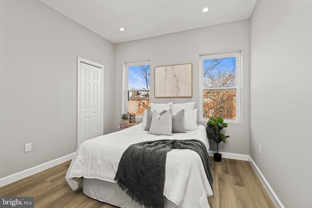 bedroom with hardwood / wood-style floors, multiple windows, and a closet