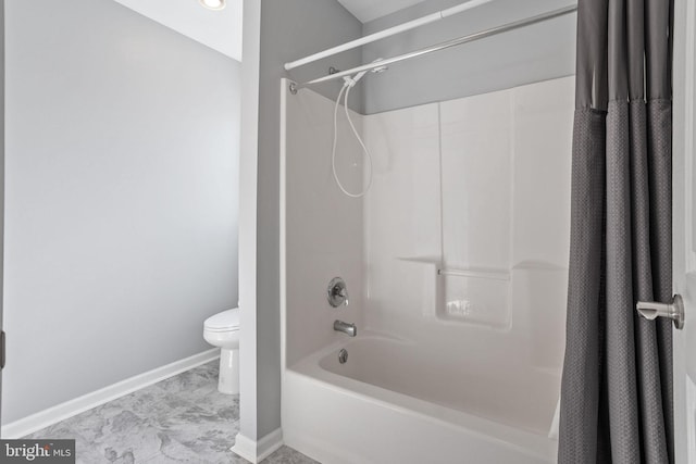 bathroom with shower / bathtub combination with curtain and toilet