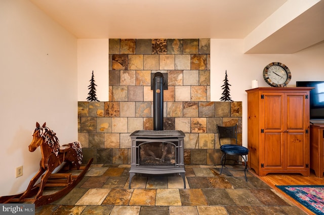 room details featuring a wood stove