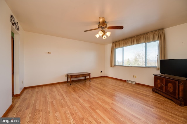 unfurnished living room featuring ceiling fan and light wood-type flooring