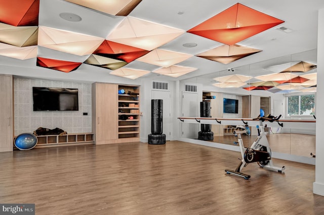 workout room featuring hardwood / wood-style floors