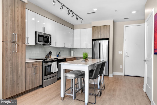 kitchen featuring a center island, a kitchen bar, decorative backsplash, white cabinets, and appliances with stainless steel finishes