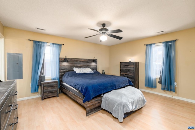 bedroom featuring ceiling fan, light hardwood / wood-style floors, electric panel, and multiple windows