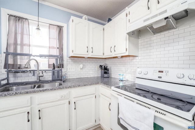 kitchen with sink, white electric range, decorative light fixtures, decorative backsplash, and white cabinets