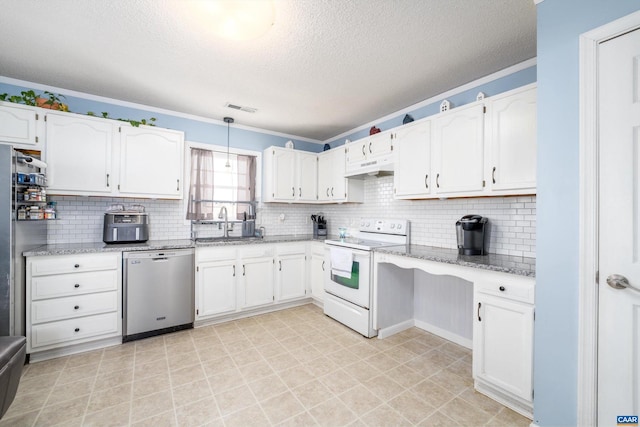 kitchen with a textured ceiling, stainless steel appliances, white cabinetry, and light stone counters