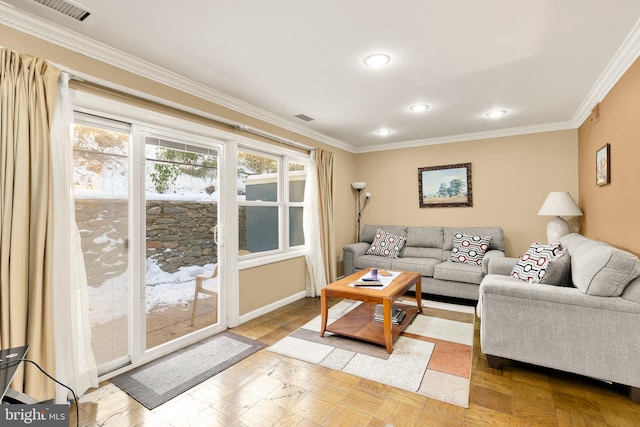 living room featuring parquet floors and crown molding