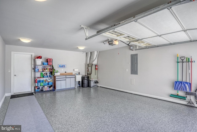 garage with electric panel and a garage door opener