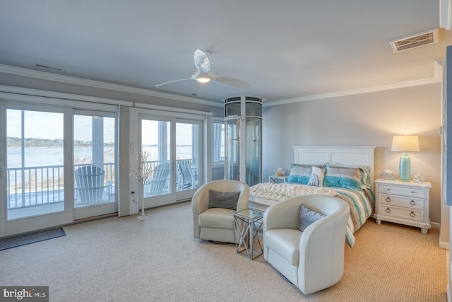 carpeted bedroom featuring ceiling fan, a water view, ornamental molding, and access to outside