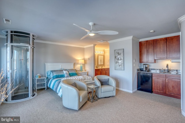 bedroom featuring ceiling fan, connected bathroom, crown molding, and light colored carpet