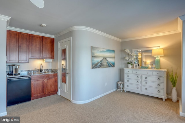 kitchen featuring crown molding, black dishwasher, and light carpet