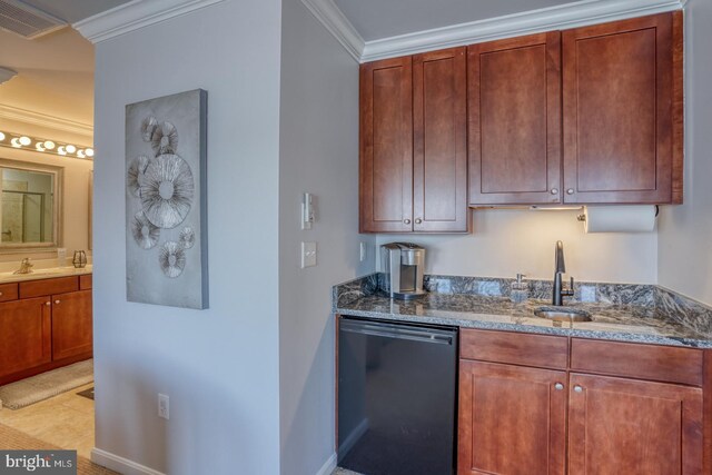 kitchen featuring crown molding, sink, black dishwasher, and stone counters