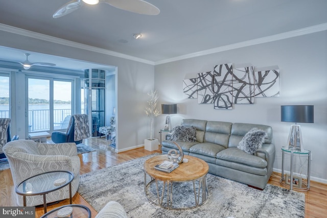 living room with ceiling fan, crown molding, and light wood-type flooring