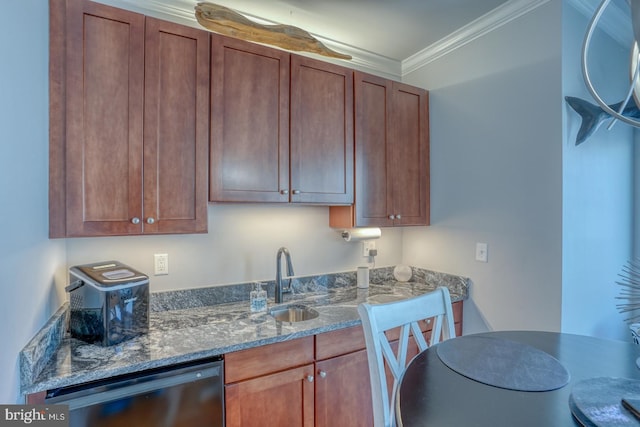 kitchen featuring sink, dishwasher, crown molding, and dark stone counters