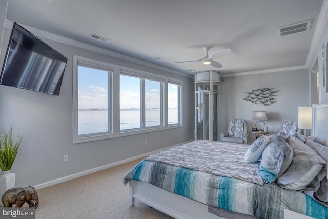 carpeted bedroom with crown molding and ceiling fan