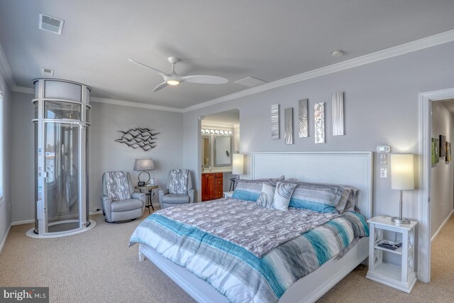 carpeted bedroom with ceiling fan and crown molding