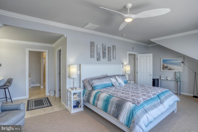 bedroom with ceiling fan, ensuite bath, ornamental molding, and light carpet