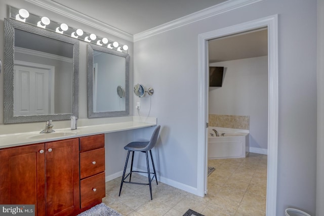 bathroom with a tub, vanity, tile patterned floors, and ornamental molding