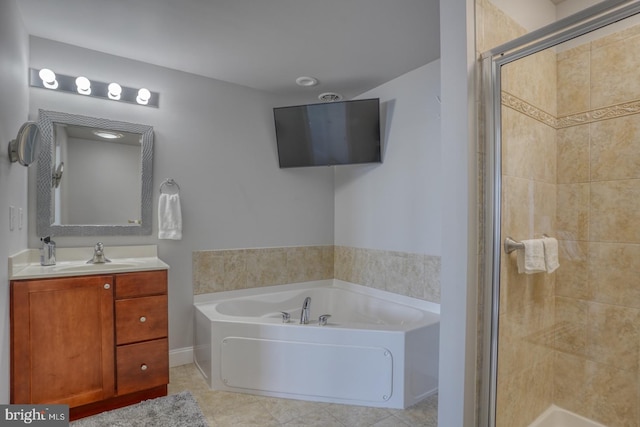 bathroom with vanity, separate shower and tub, and tile patterned flooring