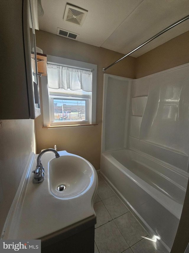 full bath featuring visible vents, shower / washtub combination, a sink, and tile patterned floors