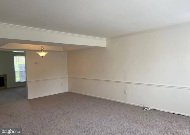 carpeted spare room featuring crown molding