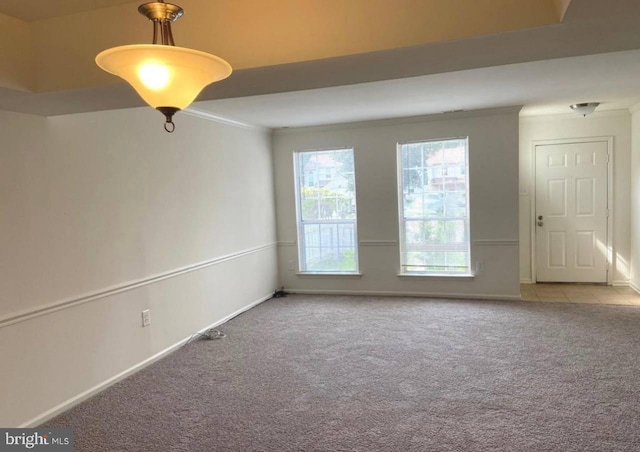 carpeted spare room featuring a healthy amount of sunlight and crown molding