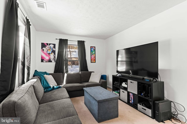 living room with a textured ceiling and light carpet