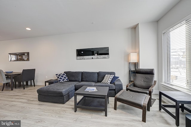 living room featuring light hardwood / wood-style floors and a healthy amount of sunlight