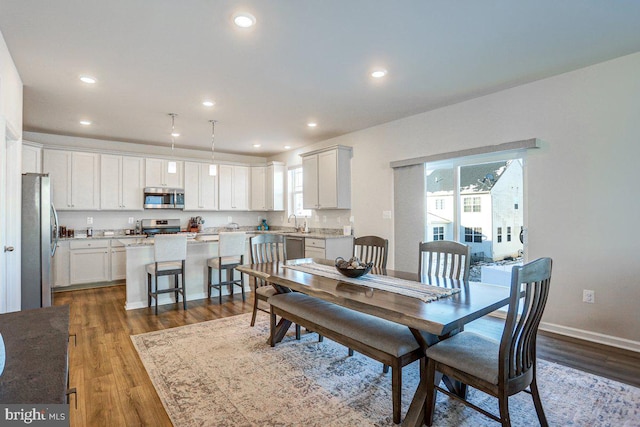 dining room featuring sink and dark wood-type flooring