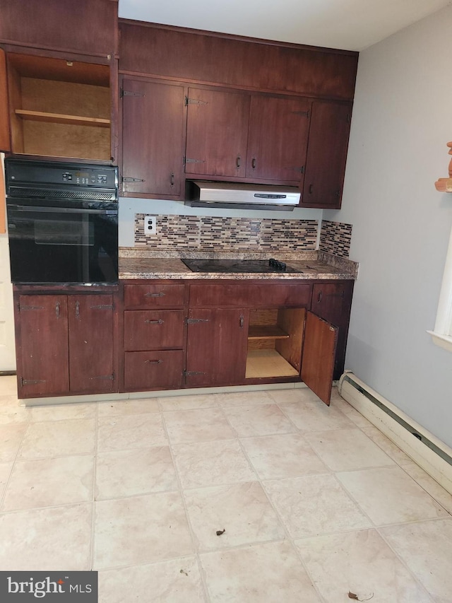 kitchen with baseboard heating, ventilation hood, black appliances, and open shelves