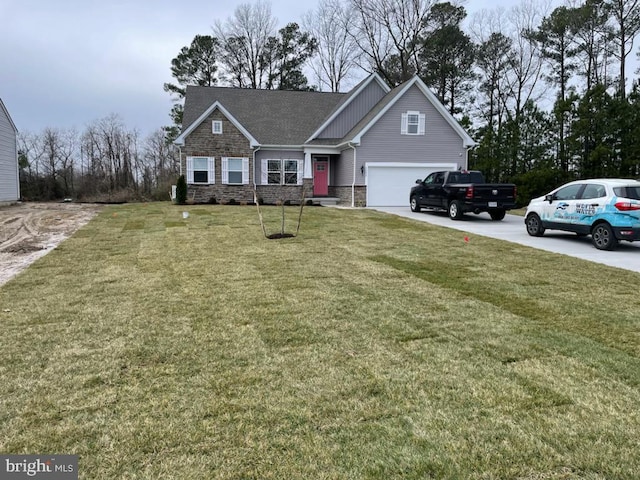 craftsman inspired home featuring board and batten siding, stone siding, concrete driveway, and a front yard