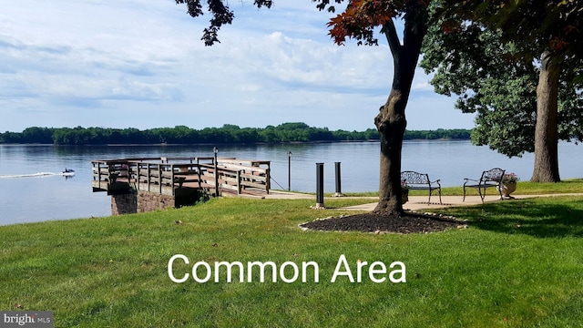 dock area featuring a yard and a water view