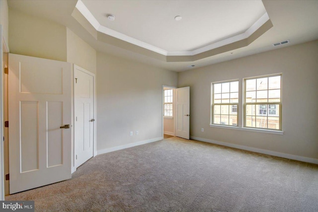 unfurnished bedroom featuring a tray ceiling and light colored carpet